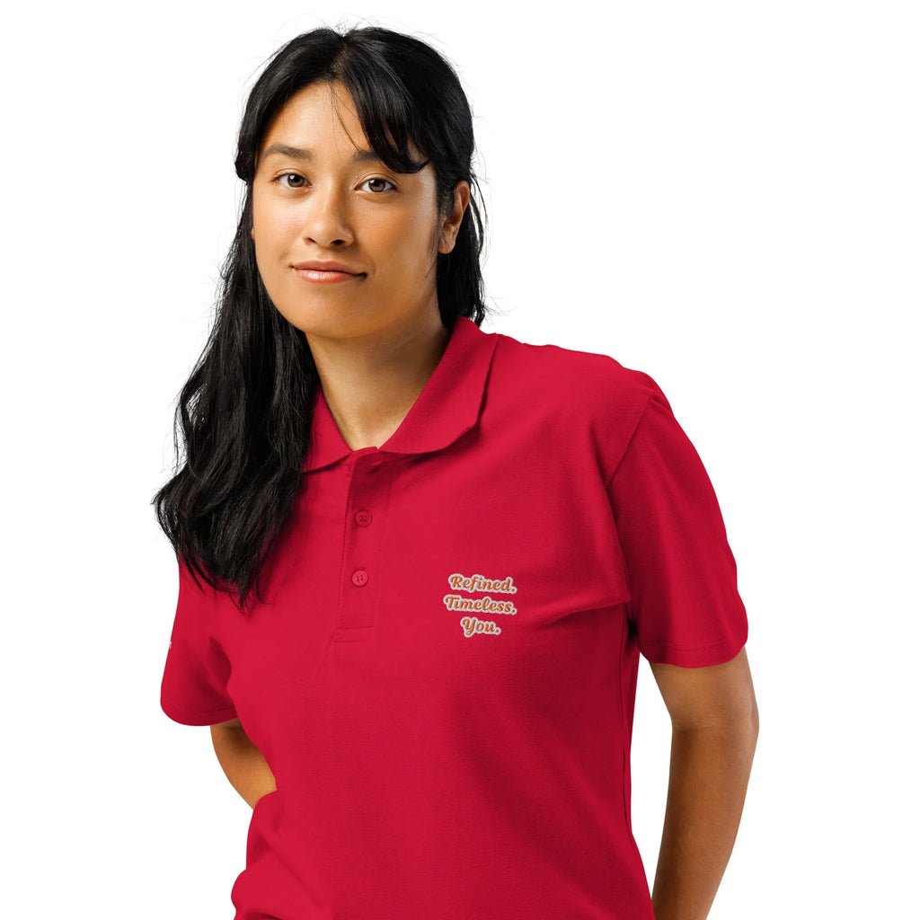 Refined. Timeless. You. Unisex Premium Pique Polo Shirt polo shirt AwRans Clothing unisex-premium-pique-polo-shirt-red-left-front-67ba6803d1691