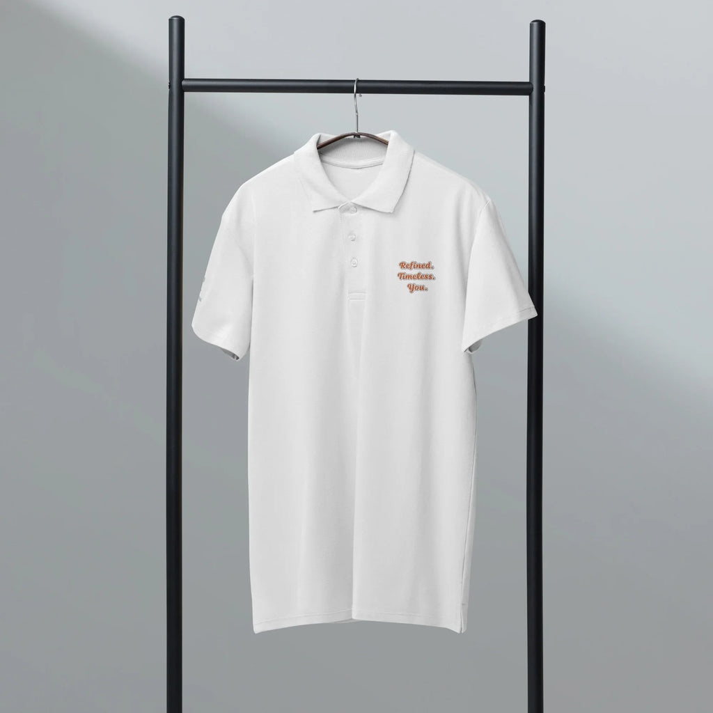 Refined. Timeless. You. Unisex Premium Pique Polo Shirt polo shirt AwRans Clothing unisex-premium-pique-polo-shirt-white-front-67ba6803ce1d7
