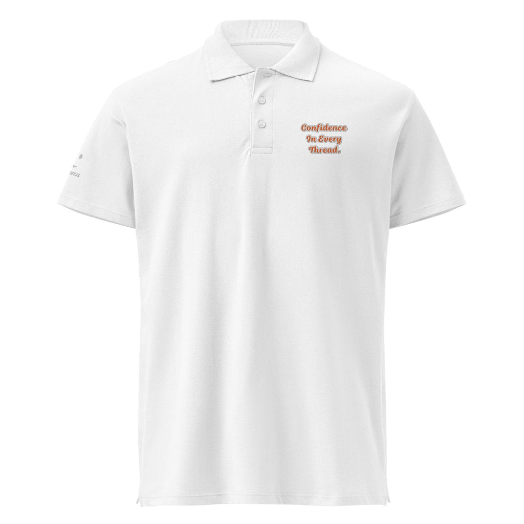 Confidence in every thread. Unisex Premium Pique Polo Shirt polo shirt AwRans Clothing unisex-premium-pique-polo-shirt-white-front-67ba697ceeb5c
