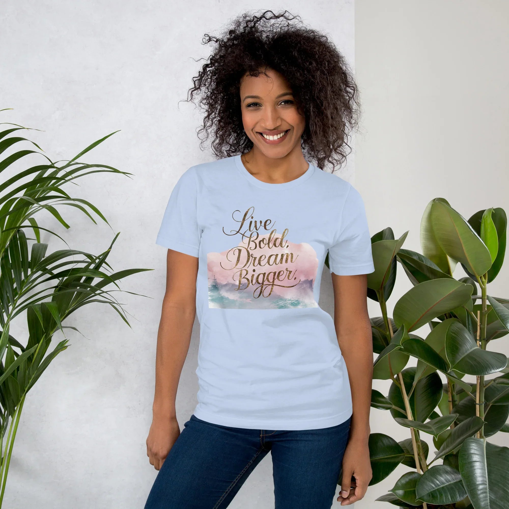 Women's T-Shirt | Live Bold,Dream Bigger. Baby Blue Women's t-shirt AwRans Clothing unisex-staple-t-shirt-baby-blue-front-679be00328291
