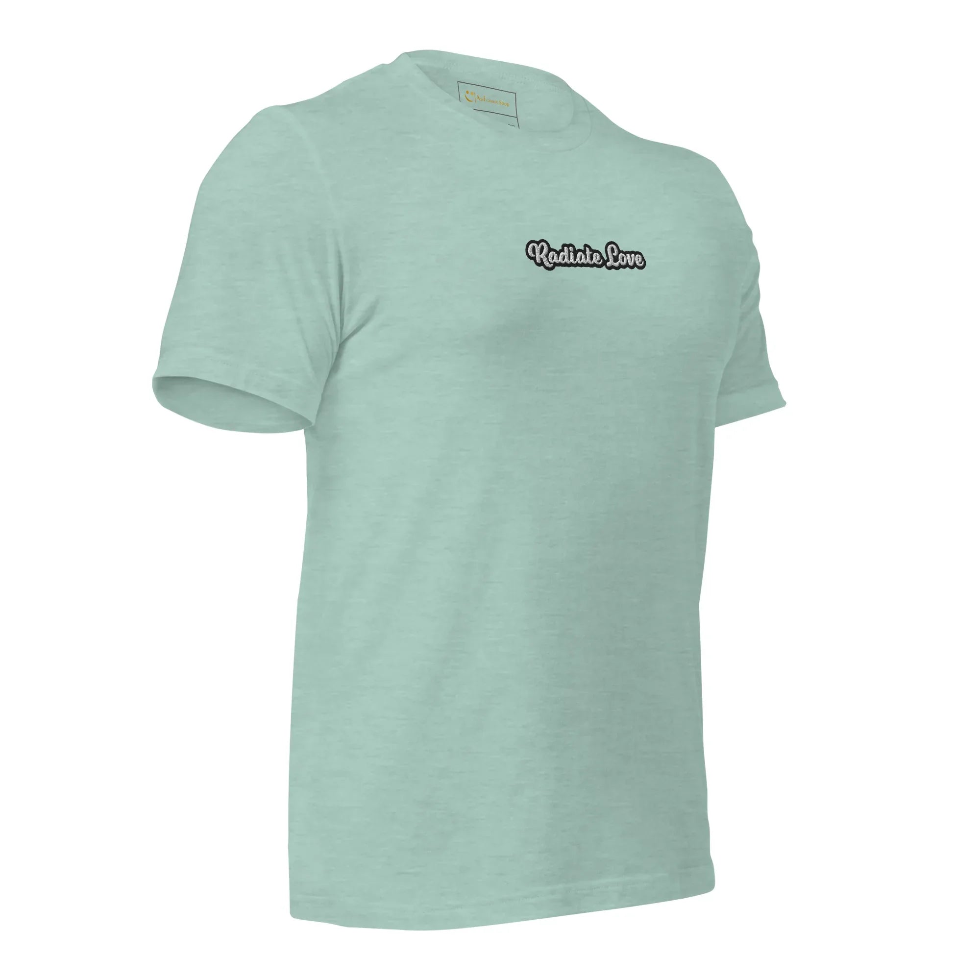 Unisex | Radiate Love T-Shirt t-shirt AwRans Clothing unisex-staple-t-shirt-heather-prism-dusty-blue-right-front-6749de248e94e