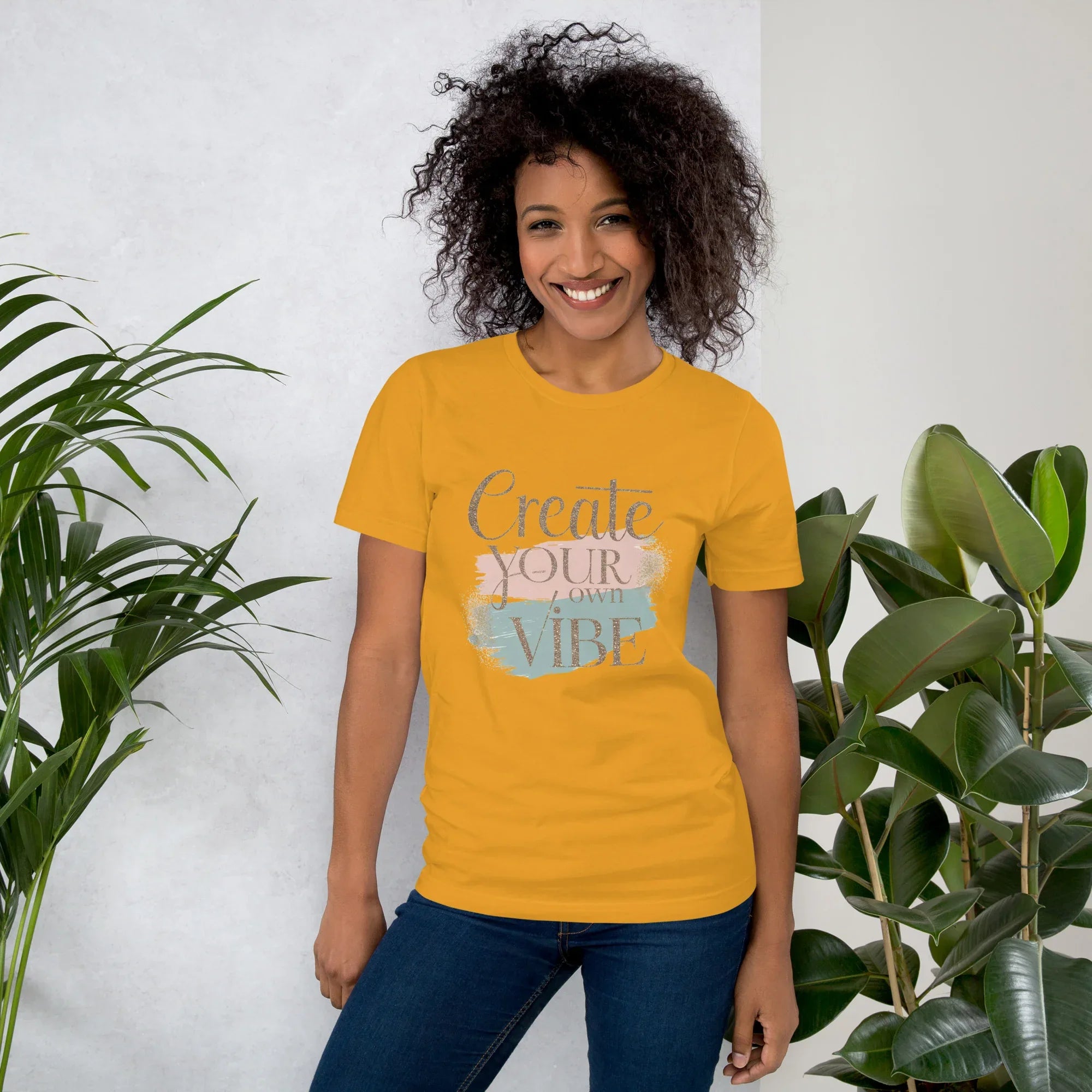 Women's T-Shirt | Creat Your Own Vibe Mustard Women's t-shirt AwRans Clothing unisex-staple-t-shirt-mustard-front-6799e51fb3ecd