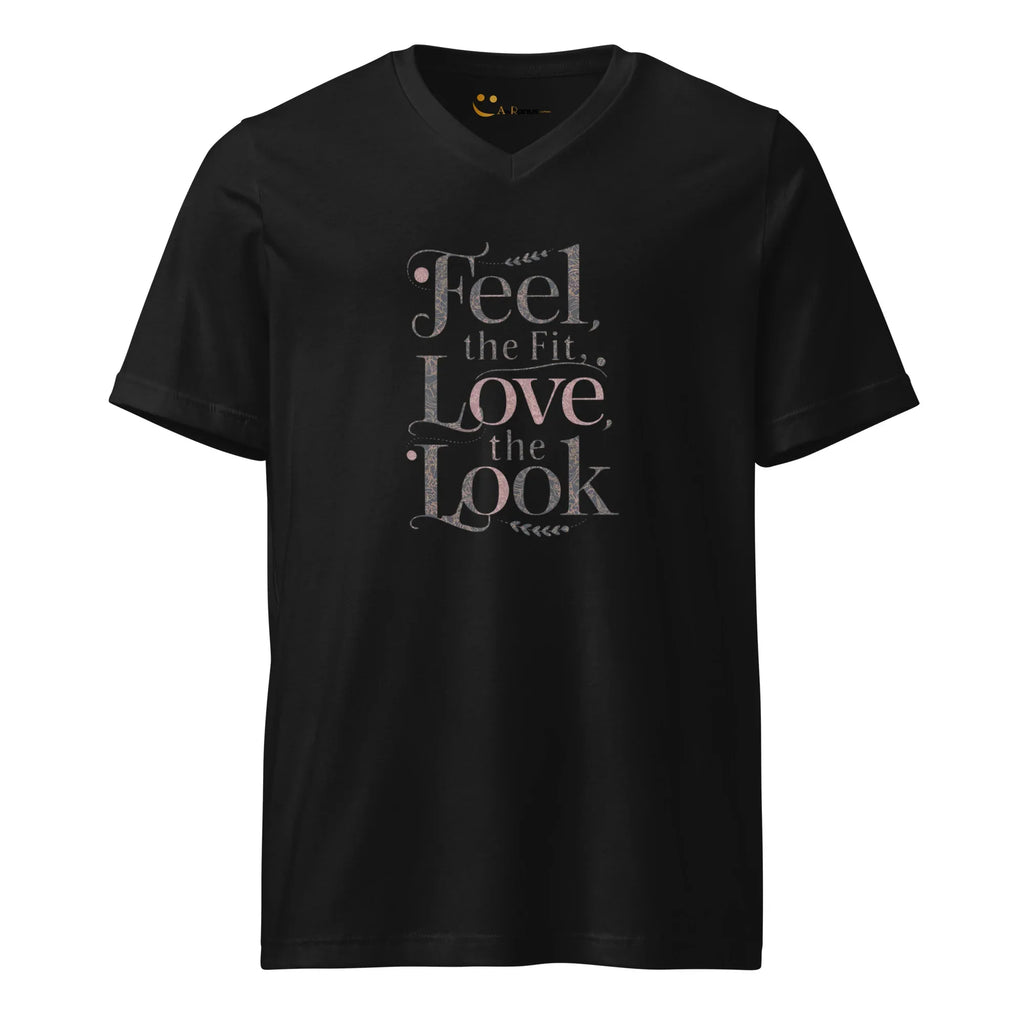 Women's Short Sleeve V-Neck T-Shirt | Feel The Fit Love The Look V-Neck T-Shirt AwRans Clothing unisex-v-neck-tee-black-front-67a18280317be