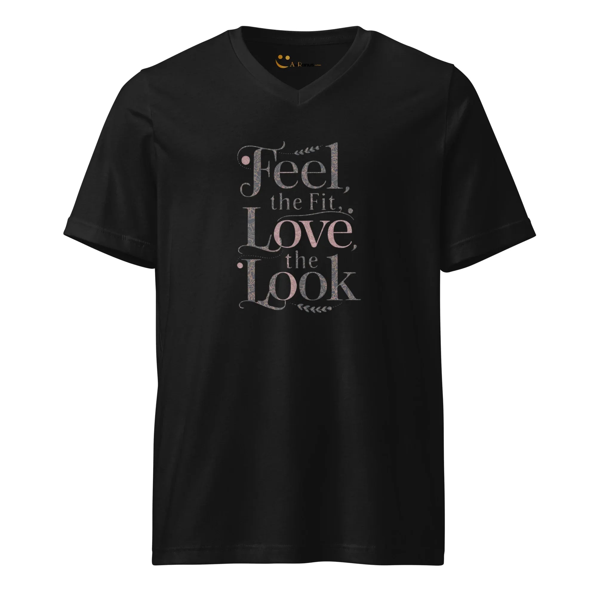 Women's Short Sleeve V-Neck T-Shirt | Feel The Fit Love The Look V-Neck T-Shirt AwRans Clothing unisex-v-neck-tee-black-front-67a18280317be