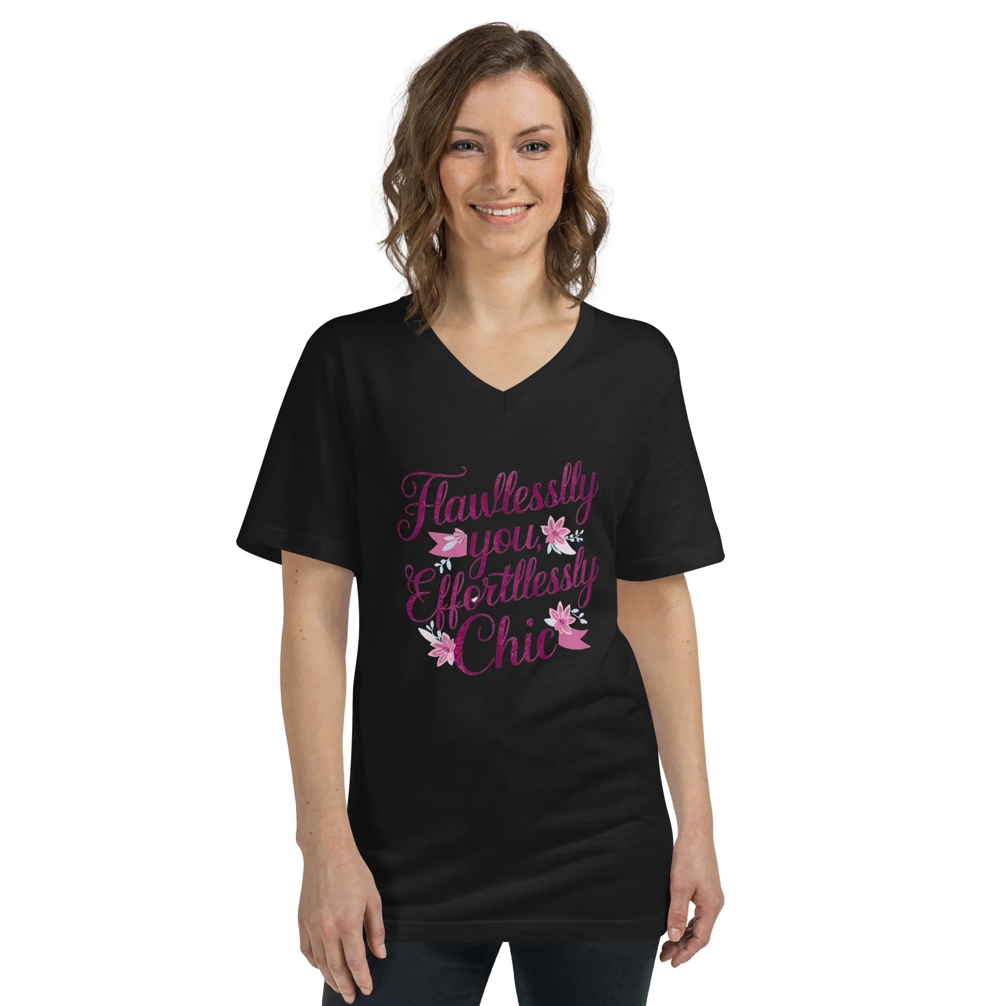 Women's Short Sleeve V-Neck T-Shirt | Flawlessly You,Effortlessly Chic Black V-Neck T-Shirt AwRans Clothing unisex-v-neck-tee-black-front-67a182c8ba369