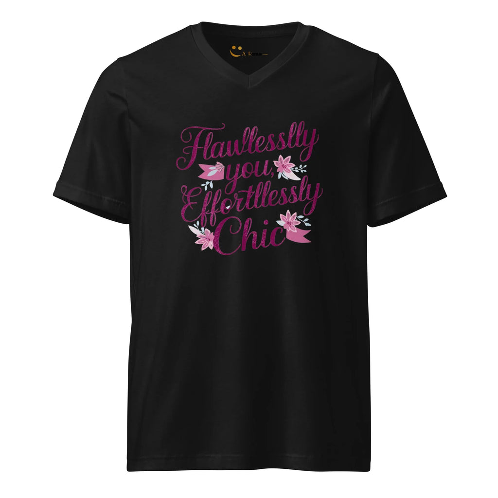 Women's Short Sleeve V-Neck T-Shirt | Flawlessly You,Effortlessly Chic V-Neck T-Shirt AwRans Clothing unisex-v-neck-tee-black-front-67a182c8baf35