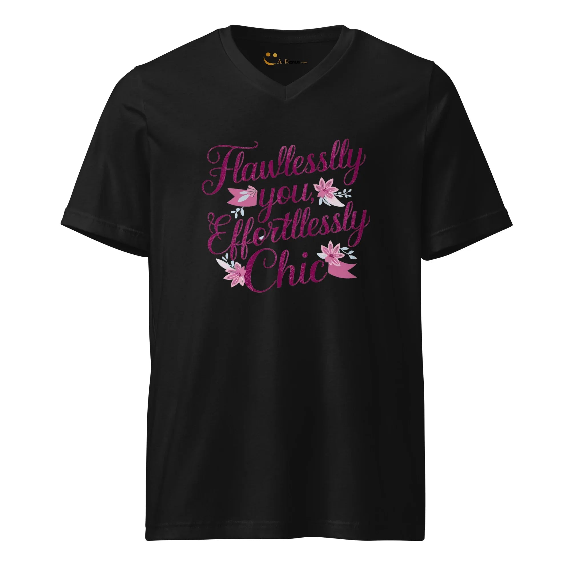 Women's Short Sleeve V-Neck T-Shirt | Flawlessly You,Effortlessly Chic V-Neck T-Shirt AwRans Clothing unisex-v-neck-tee-black-front-67a182c8baf35