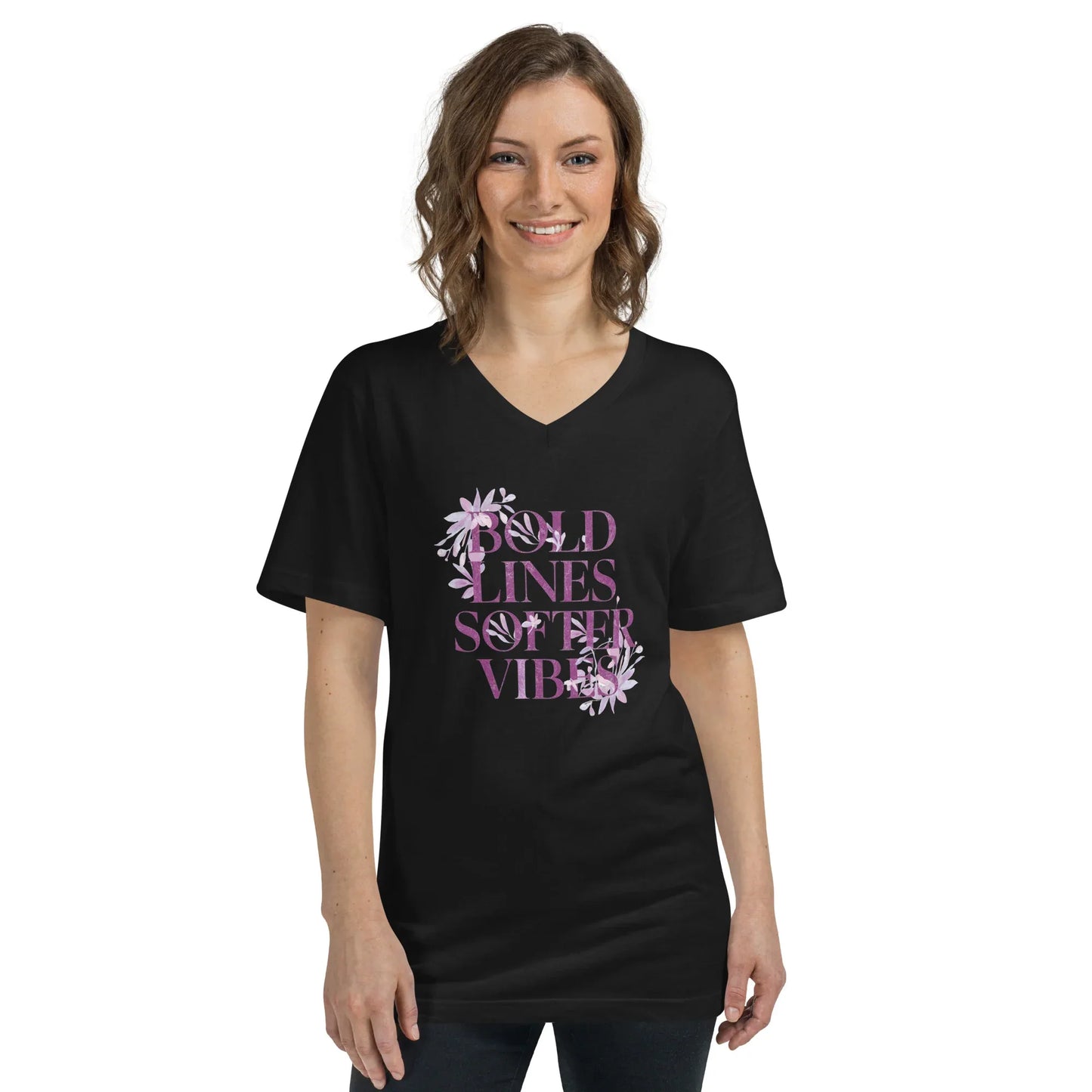 Women's Short Sleeve V-Neck T-Shirt | Bold Lines Softer Vibes - AwRans Clothing