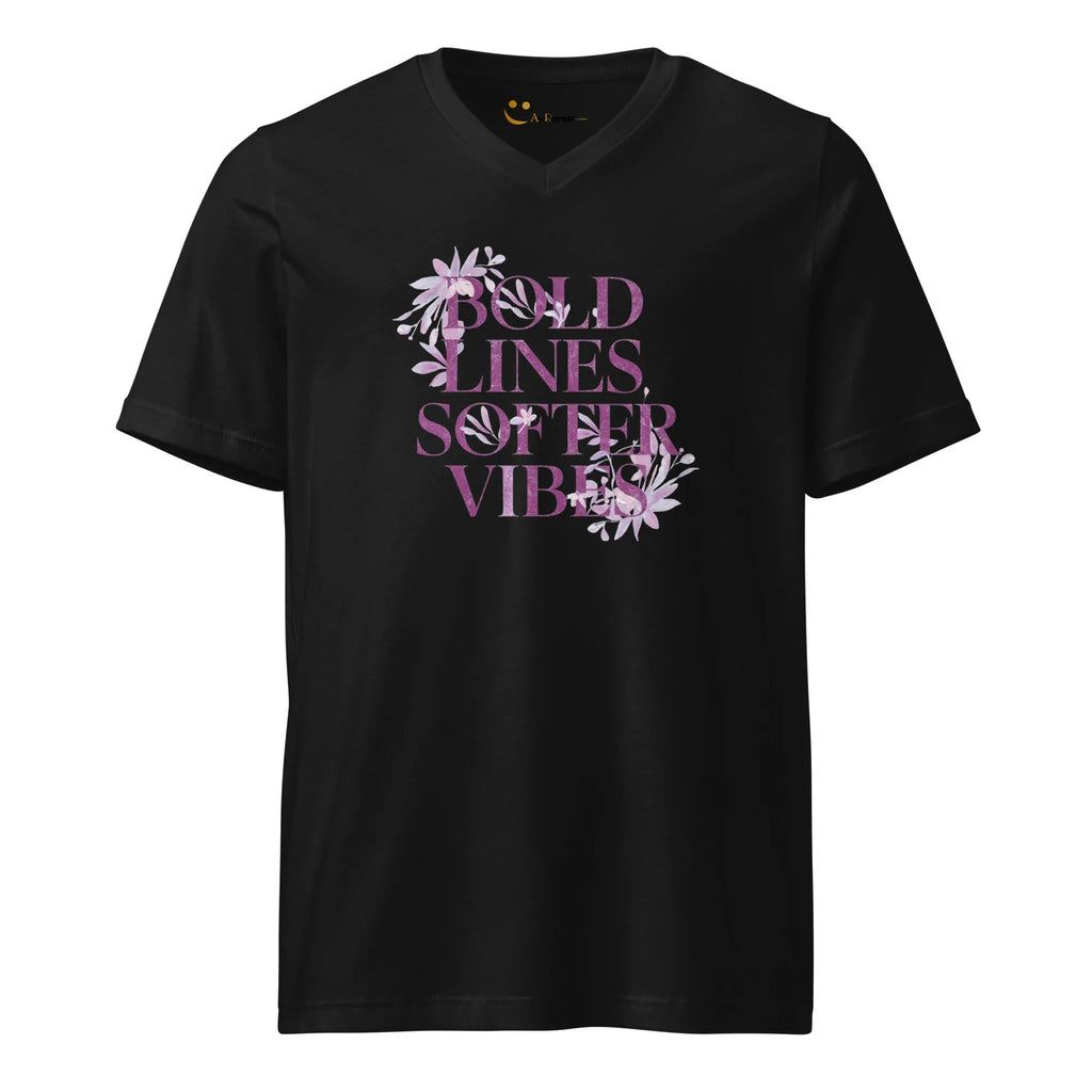 Women's Short Sleeve V-Neck T-Shirt | Bold Lines Softer Vibes V-Neck T-Shirt AwRans Clothing unisex-v-neck-tee-black-front-67a182f9406ac