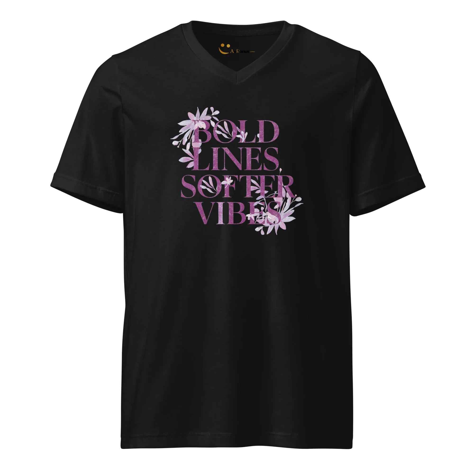 Women's Short Sleeve V-Neck T-Shirt | Bold Lines Softer Vibes V-Neck T-Shirt AwRans Clothing unisex-v-neck-tee-black-front-67a182f9406ac