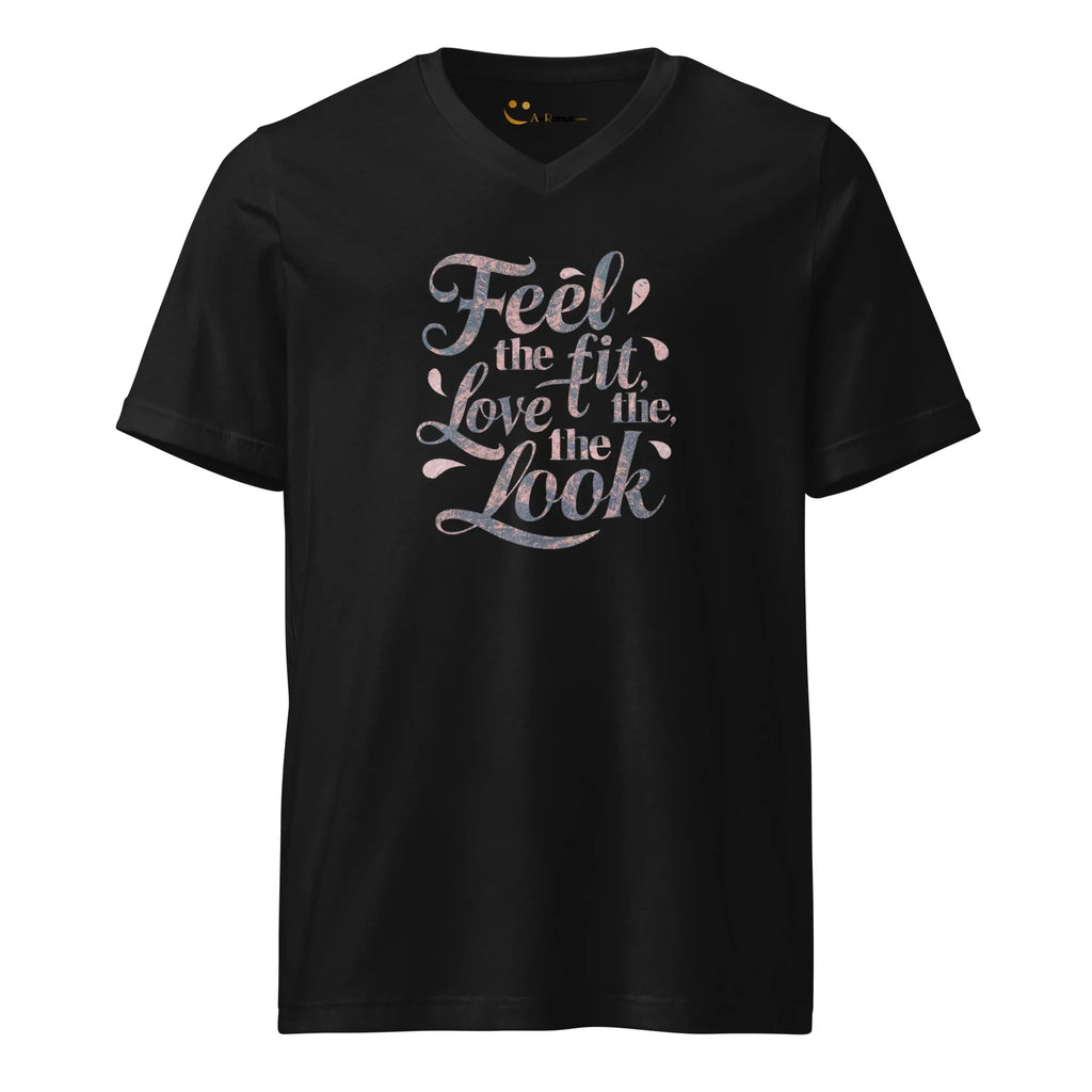 Women's Short Sleeve V-Neck T-Shirt | Feel The Fit Love The Look V-Neck T-Shirt AwRans Clothing unisex-v-neck-tee-black-front-67a1831b60161