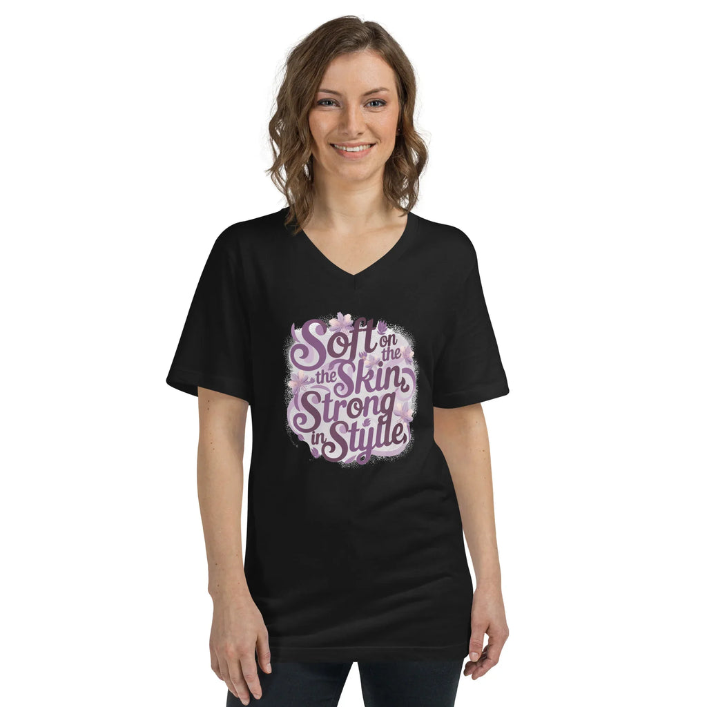 Women's Short Sleeve V-Neck T-Shirt | Soft On The Skin Strong On Style Black V-Neck T-Shirt AwRans Clothing unisex-v-neck-tee-black-front-67a222651ca9d