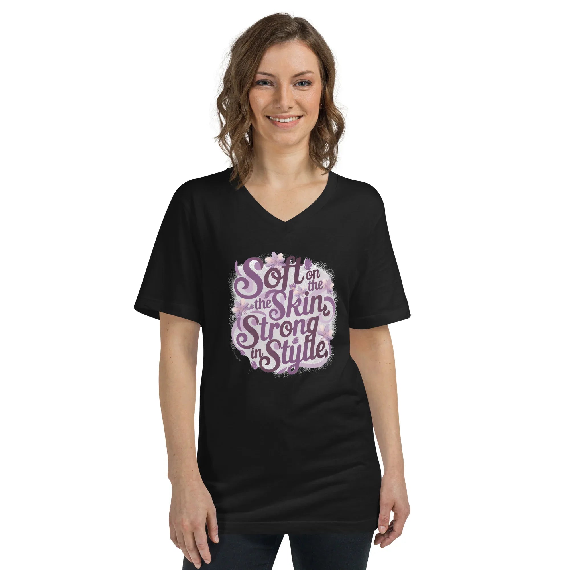 Women's Short Sleeve V-Neck T-Shirt | Soft On The Skin Strong On Style Black V-Neck T-Shirt AwRans Clothing unisex-v-neck-tee-black-front-67a222651ca9d