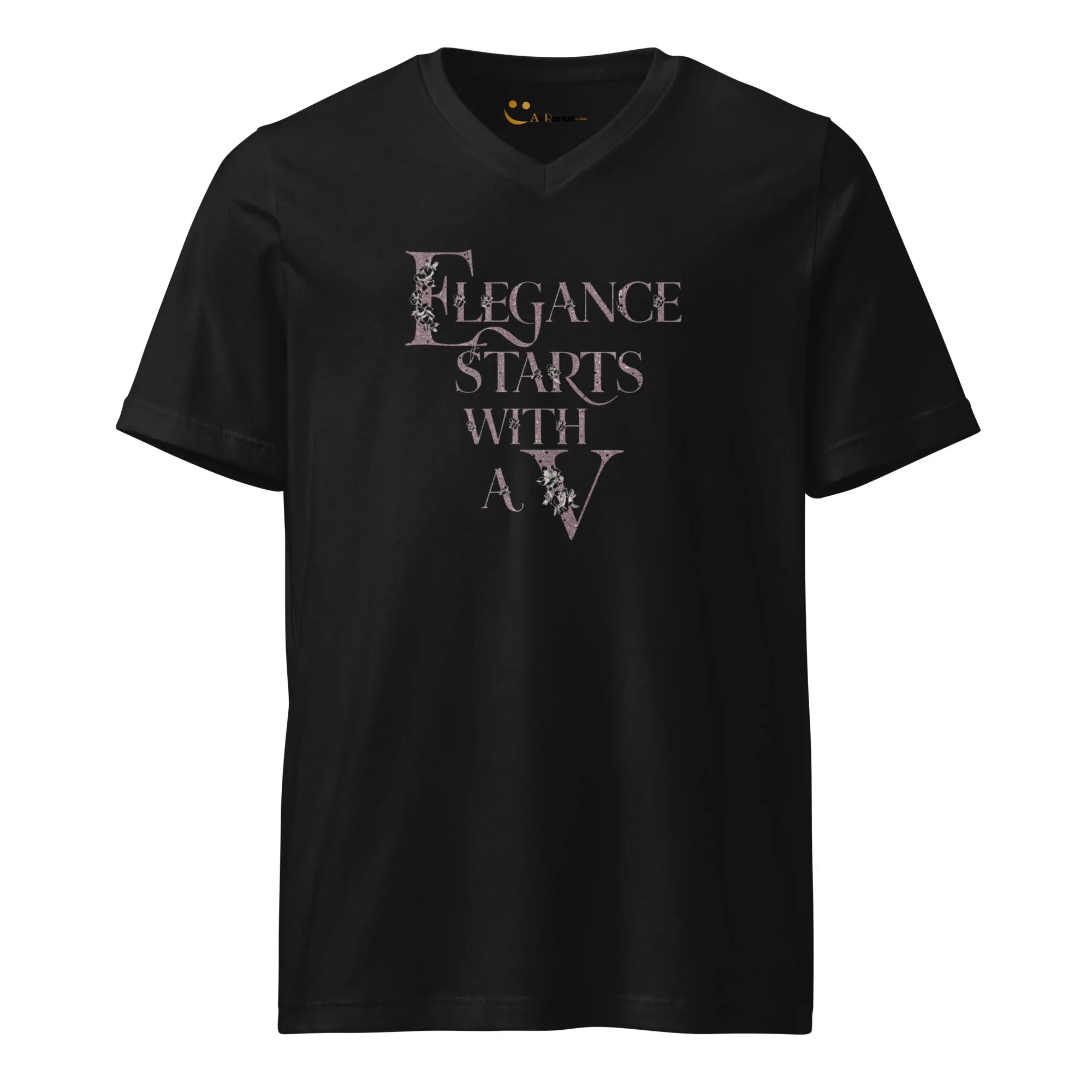 Women's Short Sleeve V-Neck T-Shirt | Elegance Start With A V V-Neck T-Shirt AwRans Clothing unisex-v-neck-tee-black-front-67a222dc63f4c