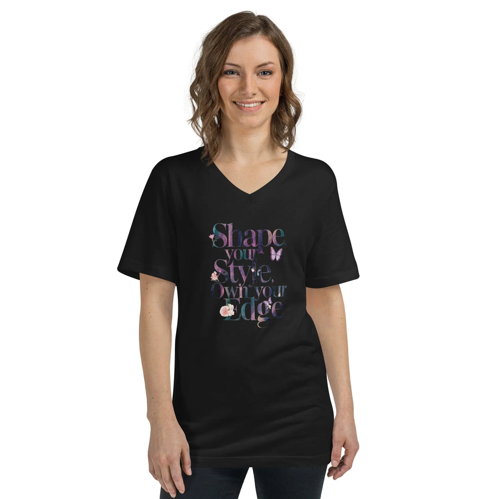 Women's Short Sleeve V-Neck T-Shirt | Shape Your Style,Own Your Edge Black V-Neck T-Shirt AwRans Clothing unisex-v-neck-tee-black-front-67a2612e1918d
