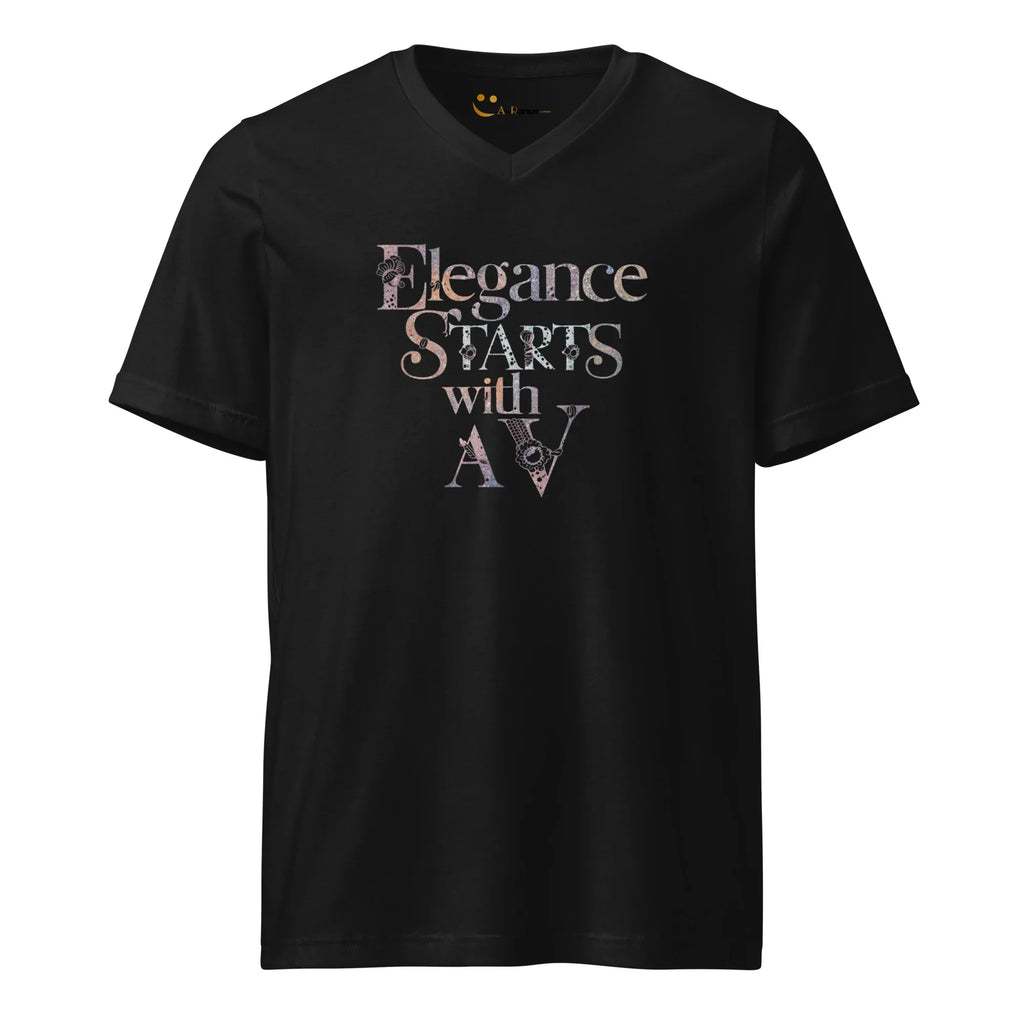 Women's Short Sleeve V-Neck T-Shirt | Elegance Start With A V V-Neck T-Shirt AwRans Clothing unisex-v-neck-tee-black-front-67a26176376c3