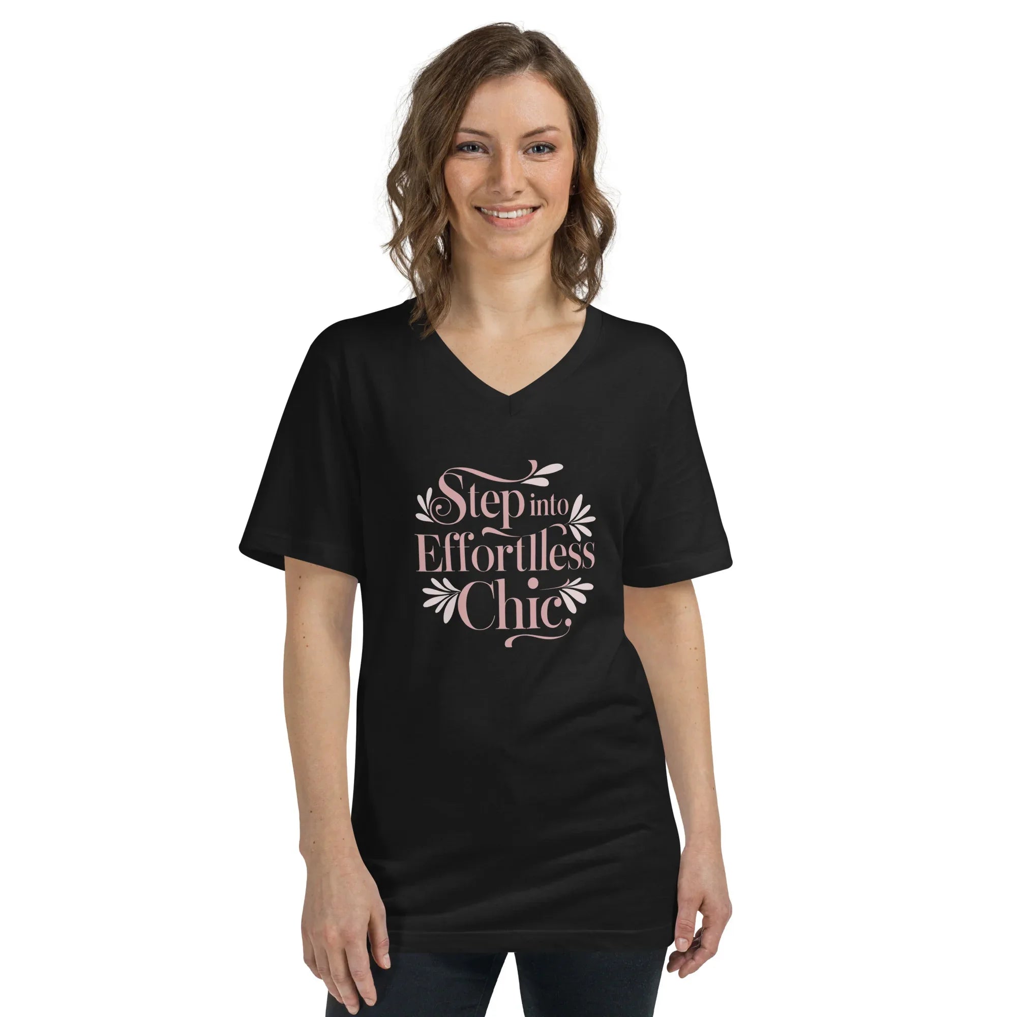 Women's Short Sleeve V-Neck T-Shirt | Step Into Effortless Chic Black V-Neck T-Shirt AwRans Clothing unisex-v-neck-tee-black-front-67a261b849c6a