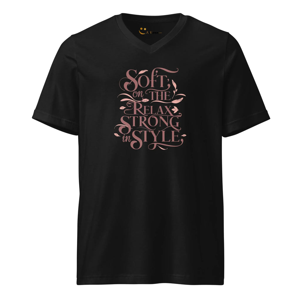 Women's Short Sleeve V-Neck T-Shirt | Soft On The Relax Strong In Style V-Neck T-Shirt AwRans Clothing unisex-v-neck-tee-black-front-67a262a5af4aa
