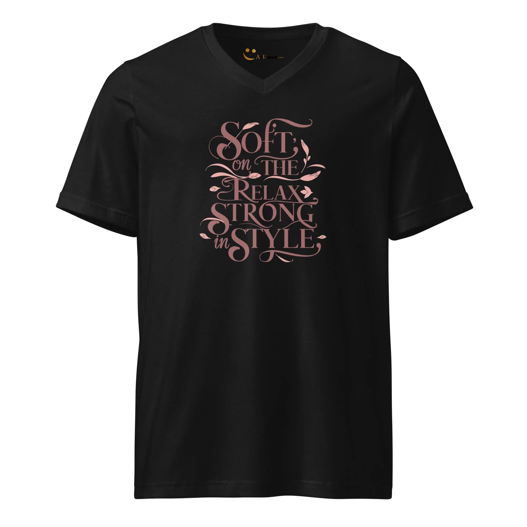 Women's Short Sleeve V-Neck T-Shirt | Soft On The Relax Strong In Style V-Neck T-Shirt AwRans Clothing unisex-v-neck-tee-black-front-67a262a5af4aa