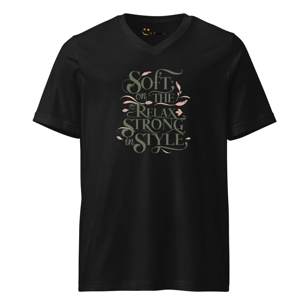 Women's Short Sleeve V-Neck T-Shirt | Soft On The Relax Strong In Style V-Neck T-Shirt AwRans Clothing unisex-v-neck-tee-black-front-67a262e7762cd