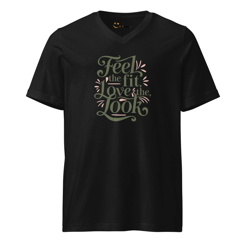 Women's Short Sleeve V-Neck T-Shirt | Feel The Fit Love The Look V-Neck T-Shirt AwRans Clothing unisex-v-neck-tee-black-front-67a2636878f90