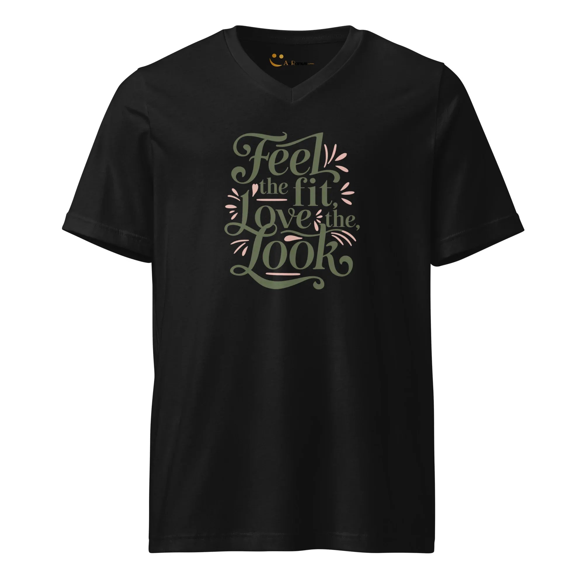 Women's Short Sleeve V-Neck T-Shirt | Feel The Fit Love The Look V-Neck T-Shirt AwRans Clothing unisex-v-neck-tee-black-front-67a2636878f90