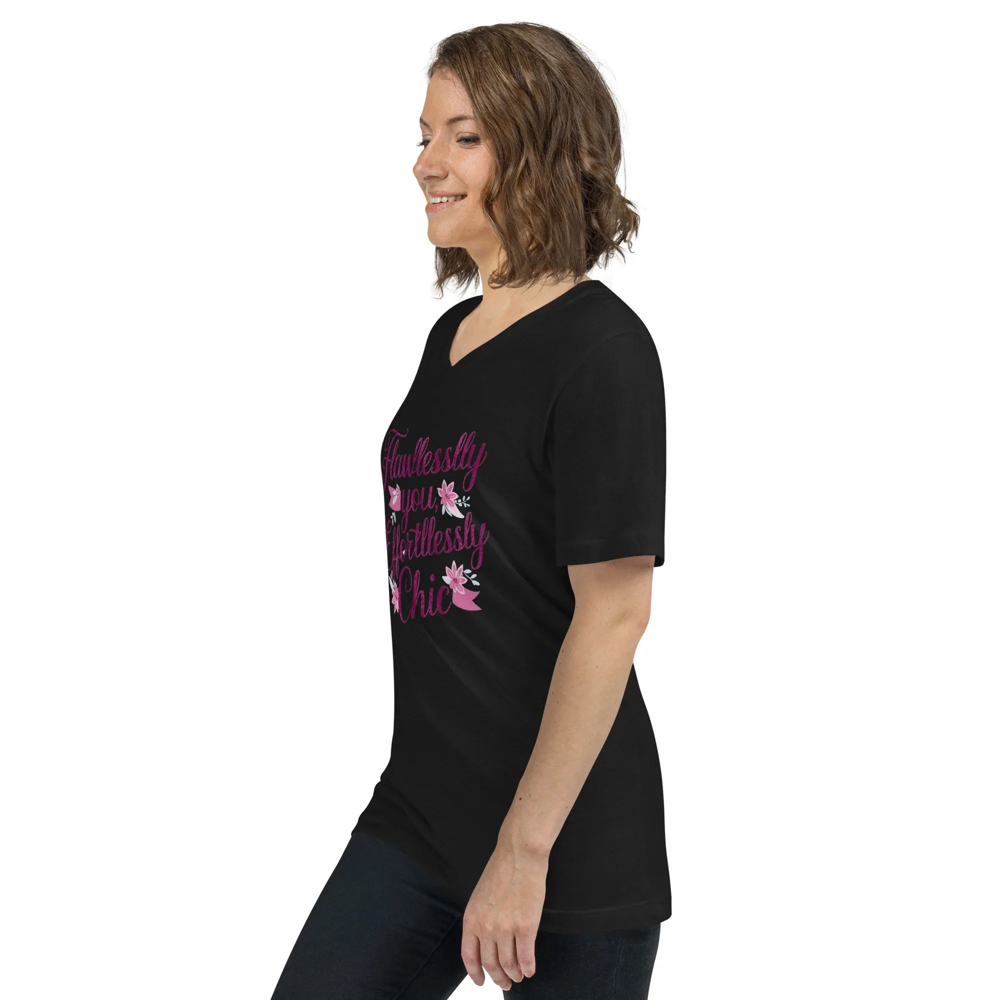 Women's Short Sleeve V-Neck T-Shirt | Flawlessly You,Effortlessly Chic V-Neck T-Shirt AwRans Clothing unisex-v-neck-tee-black-left-front-67a182c8bbf22