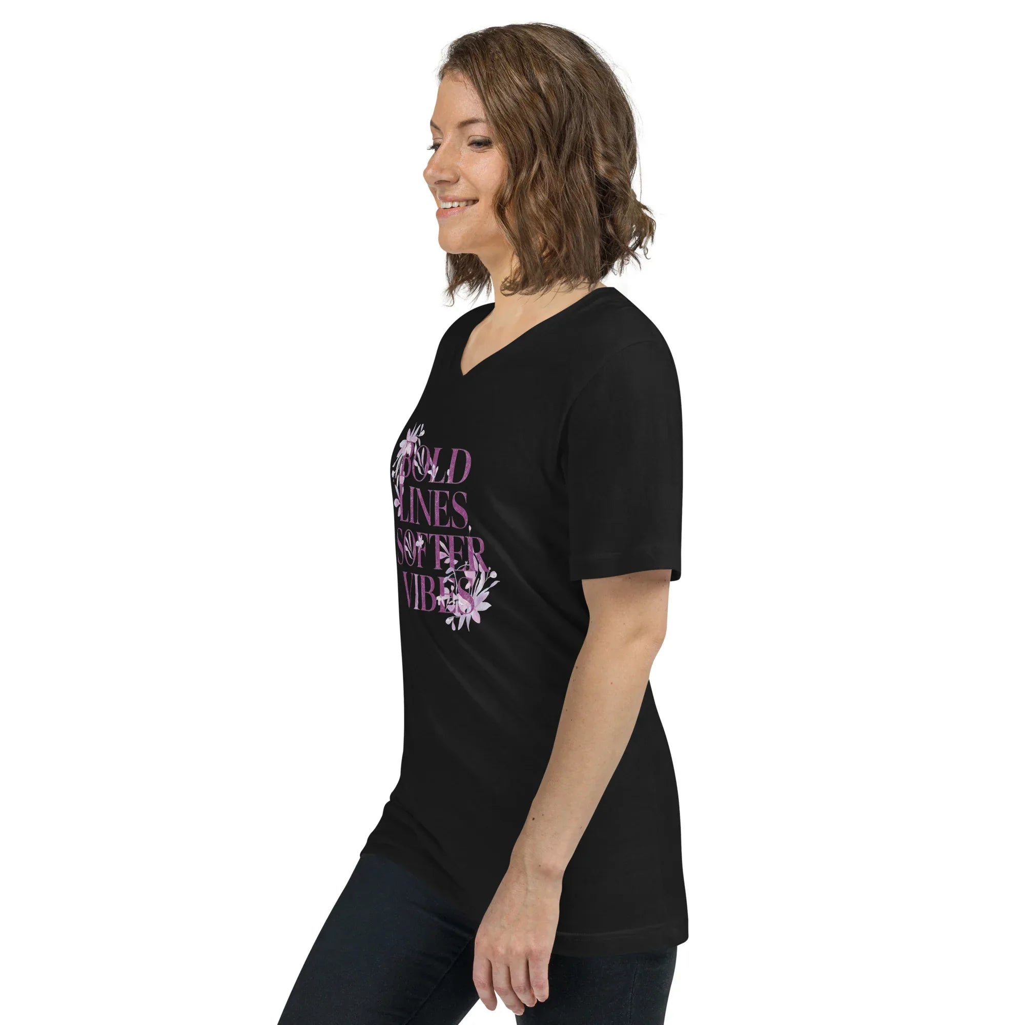 Women's Short Sleeve V-Neck T-Shirt | Bold Lines Softer Vibes V-Neck T-Shirt AwRans Clothing unisex-v-neck-tee-black-left-front-67a182f94155d