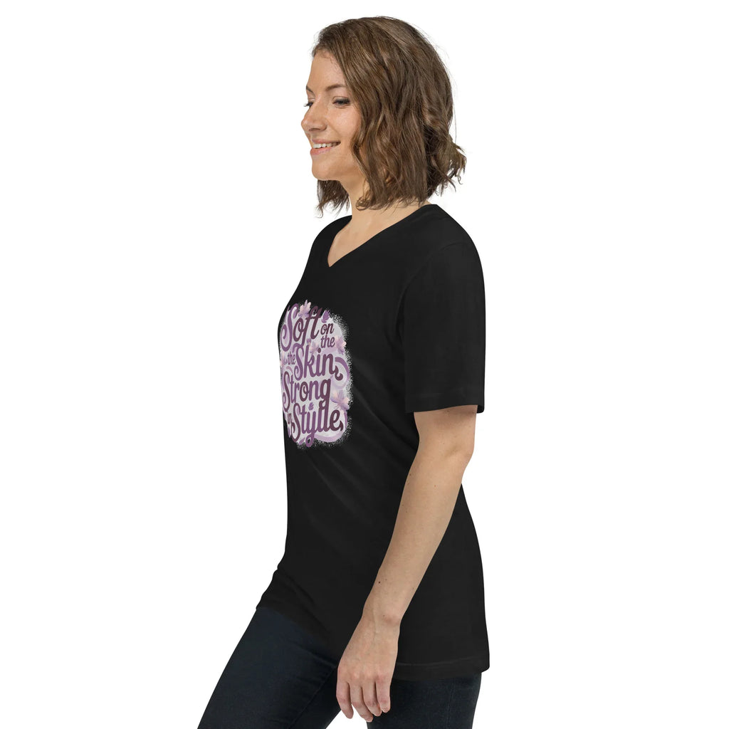 Women's Short Sleeve V-Neck T-Shirt | Soft On The Skin Strong On Style V-Neck T-Shirt AwRans Clothing unisex-v-neck-tee-black-left-front-67a222651fd33