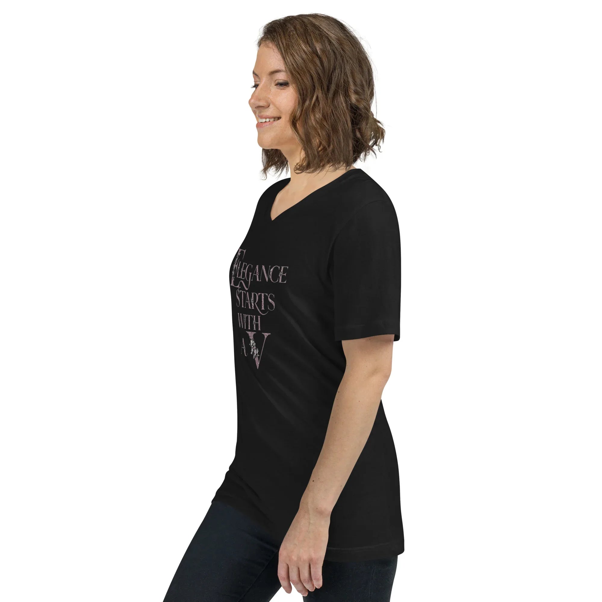 Women's Short Sleeve V-Neck T-Shirt | Elegance Start With A V V-Neck T-Shirt AwRans Clothing unisex-v-neck-tee-black-left-front-67a222dc64587