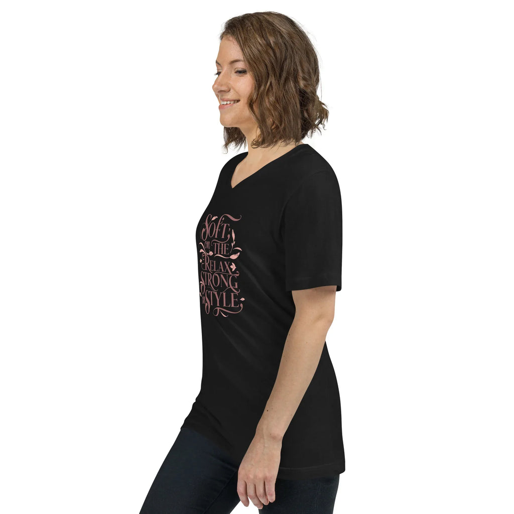 Women's Short Sleeve V-Neck T-Shirt | Soft On The Relax Strong In Style V-Neck T-Shirt AwRans Clothing unisex-v-neck-tee-black-left-front-67a262a5b03ac