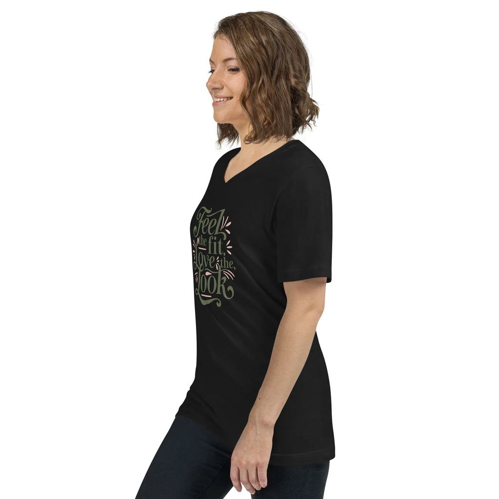 Women's Short Sleeve V-Neck T-Shirt | Feel The Fit Love The Look V-Neck T-Shirt AwRans Clothing unisex-v-neck-tee-black-left-front-67a263687a0f8