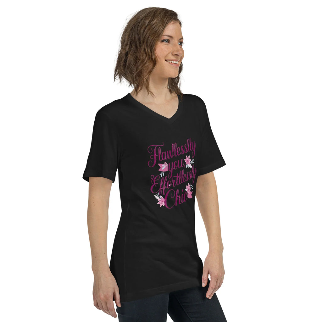 Women's Short Sleeve V-Neck T-Shirt | Flawlessly You,Effortlessly Chic V-Neck T-Shirt AwRans Clothing unisex-v-neck-tee-black-right-front-67a182c8bc4b3