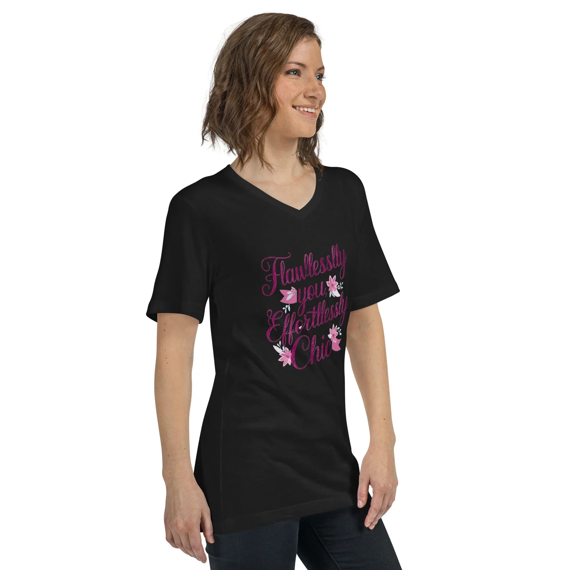 Women's Short Sleeve V-Neck T-Shirt | Flawlessly You,Effortlessly Chic V-Neck T-Shirt AwRans Clothing unisex-v-neck-tee-black-right-front-67a182c8bc4b3