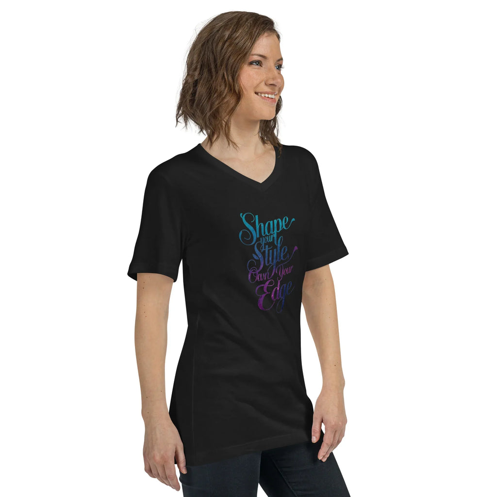 Women's Short Sleeve V-Neck T-Shirt | Shape Your Style,Own Your Edge V-Neck T-Shirt AwRans Clothing unisex-v-neck-tee-black-right-front-67a18340790d7