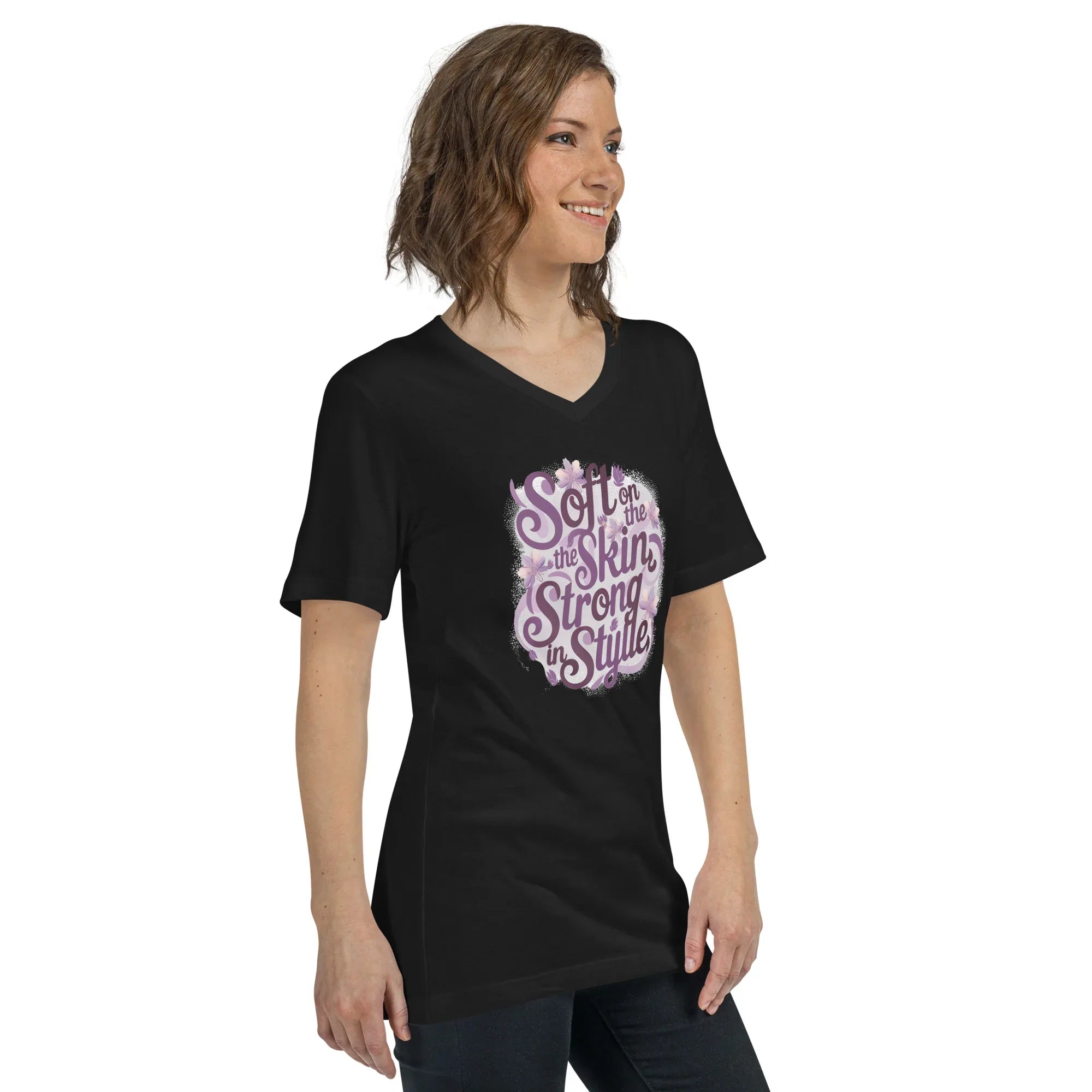 Women's Short Sleeve V-Neck T-Shirt | Soft On The Skin Strong On Style V-Neck T-Shirt AwRans Clothing unisex-v-neck-tee-black-right-front-67a22265204f7