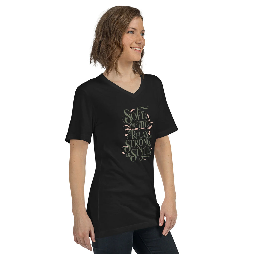 Women's Short Sleeve V-Neck T-Shirt | Soft On The Relax Strong In Style V-Neck T-Shirt AwRans Clothing unisex-v-neck-tee-black-right-front-67a262e777599