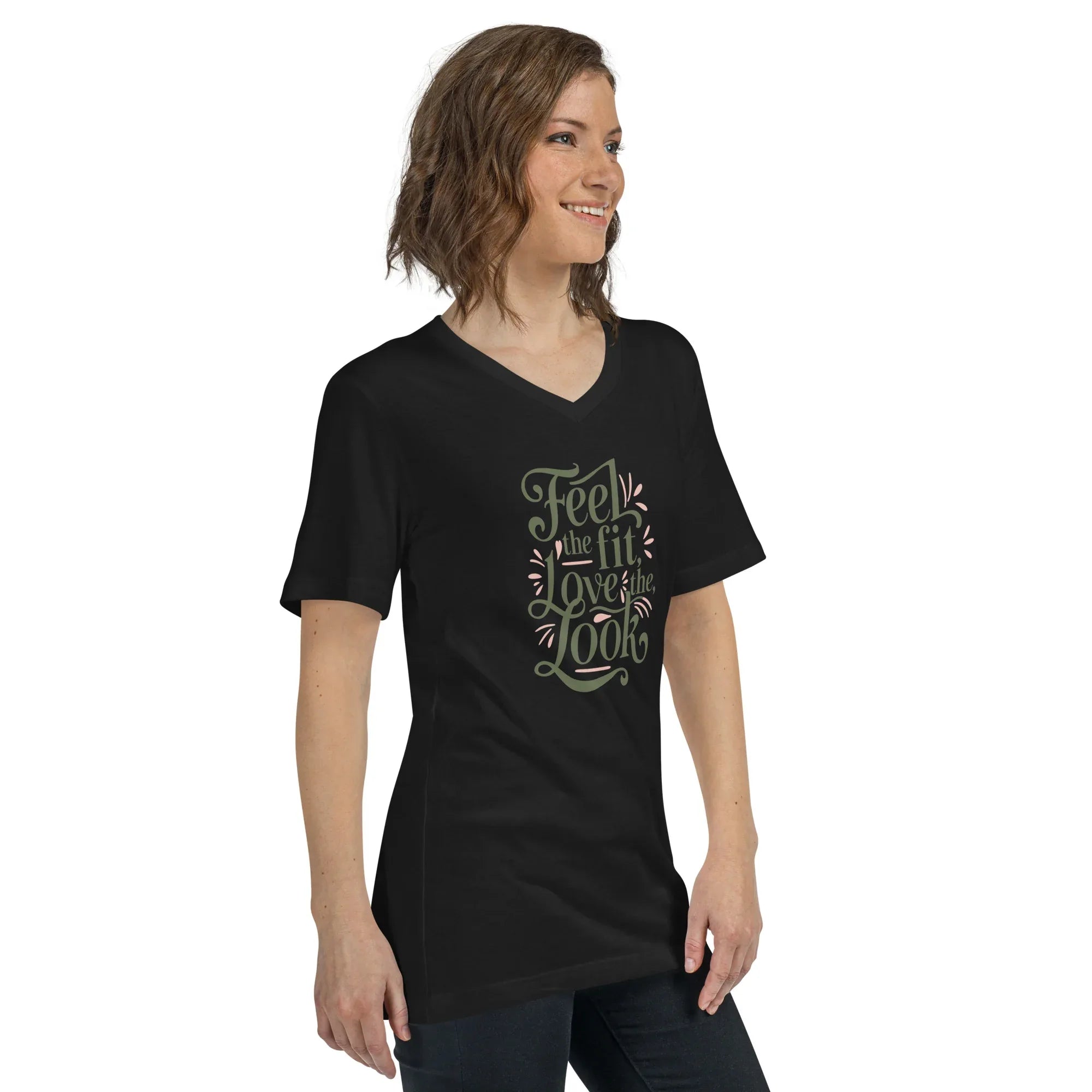 Women's Short Sleeve V-Neck T-Shirt | Feel The Fit Love The Look V-Neck T-Shirt AwRans Clothing unisex-v-neck-tee-black-right-front-67a263687a808
