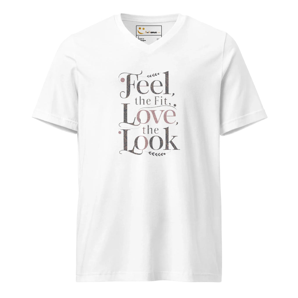 Women's Short Sleeve V-Neck T-Shirt | Feel The Fit Love The Look V-Neck T-Shirt AwRans Clothing unisex-v-neck-tee-white-front-67a1828031d62