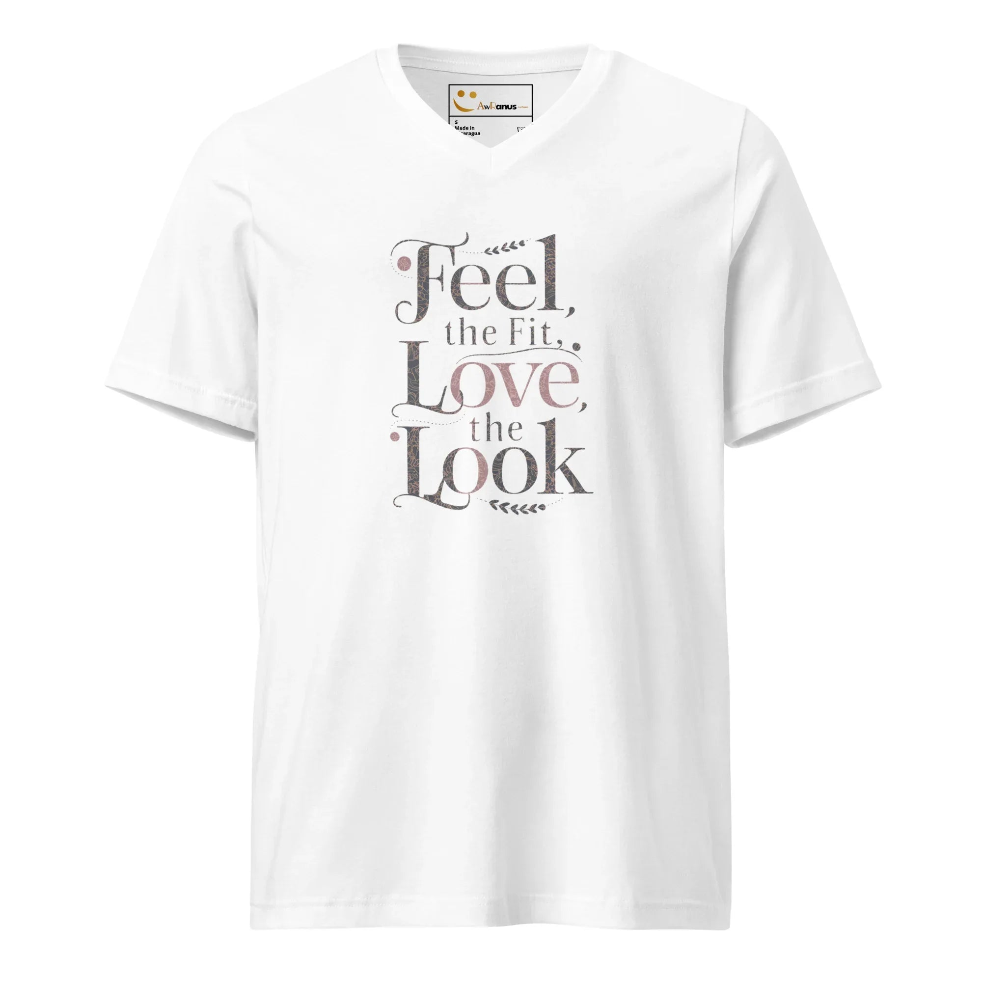 Women's Short Sleeve V-Neck T-Shirt | Feel The Fit Love The Look V-Neck T-Shirt AwRans Clothing unisex-v-neck-tee-white-front-67a1828031d62