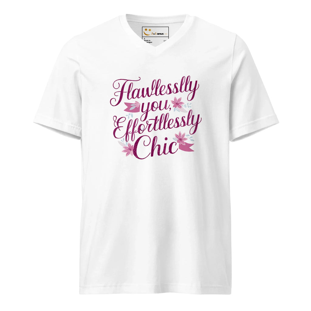 Women's Short Sleeve V-Neck T-Shirt | Flawlessly You,Effortlessly Chic V-Neck T-Shirt AwRans Clothing unisex-v-neck-tee-white-front-67a182c8bb600