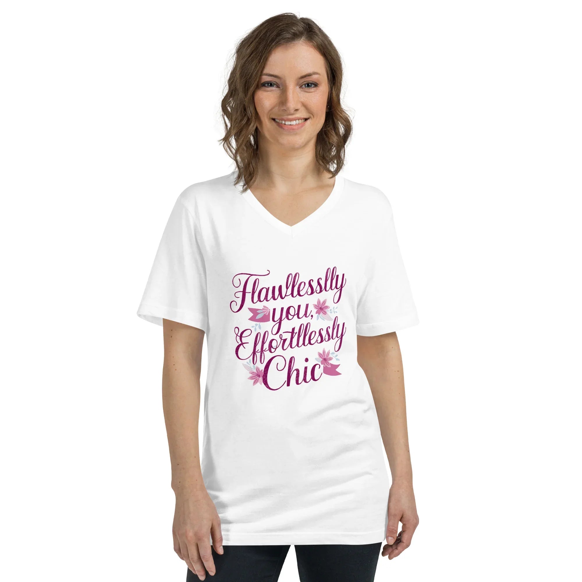 Women's Short Sleeve V-Neck T-Shirt | Flawlessly You,Effortlessly Chic White V-Neck T-Shirt AwRans Clothing unisex-v-neck-tee-white-front-67a182c8bd388