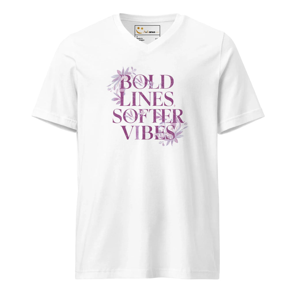 Women's Short Sleeve V-Neck T-Shirt | Bold Lines Softer Vibes V-Neck T-Shirt AwRans Clothing unisex-v-neck-tee-white-front-67a182f940c11