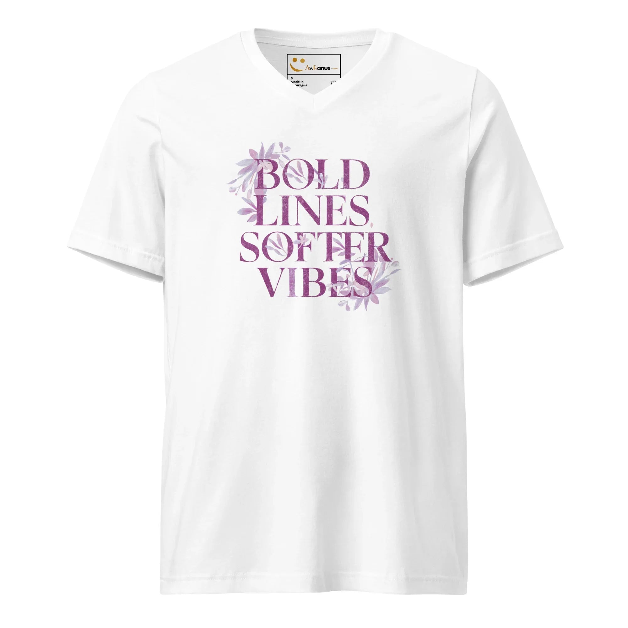 Women's Short Sleeve V-Neck T-Shirt | Bold Lines Softer Vibes V-Neck T-Shirt AwRans Clothing unisex-v-neck-tee-white-front-67a182f940c11