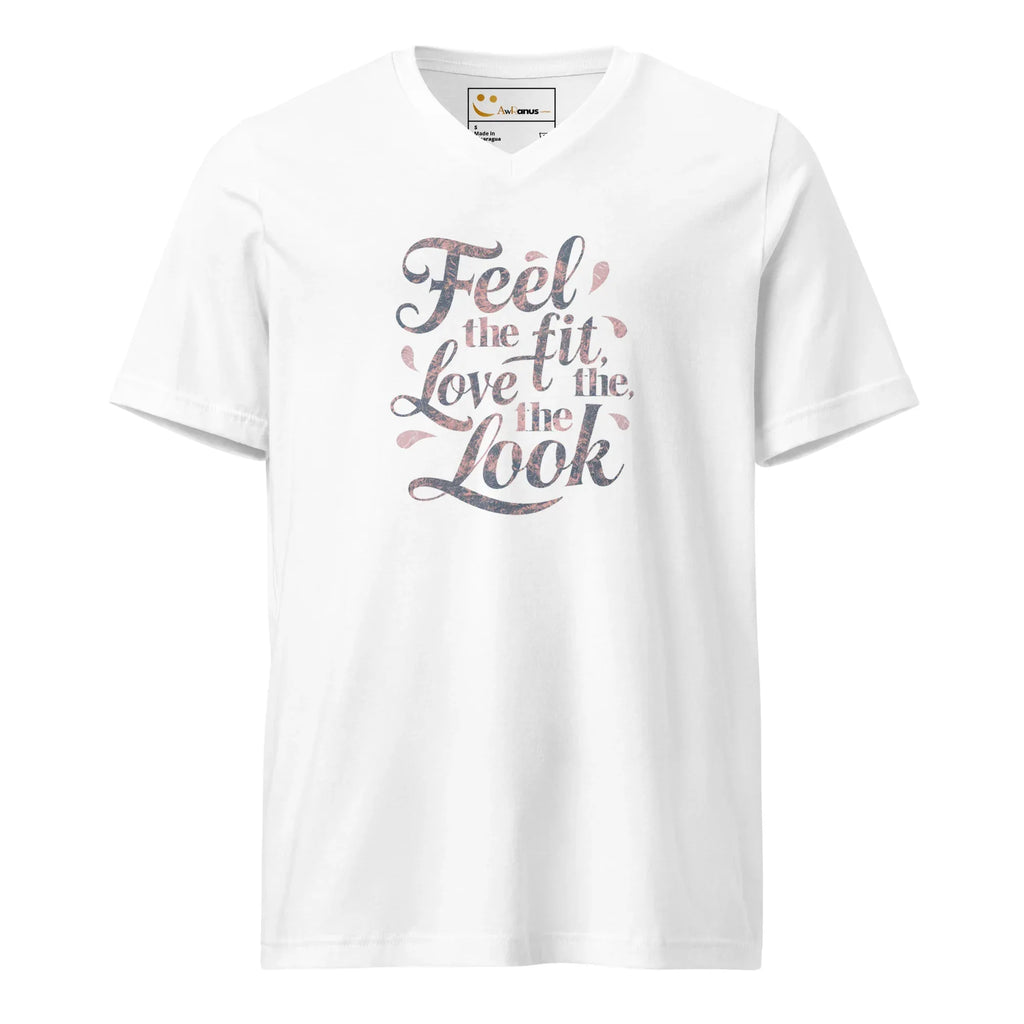 Women's Short Sleeve V-Neck T-Shirt | Feel The Fit Love The Look V-Neck T-Shirt AwRans Clothing unisex-v-neck-tee-white-front-67a1831b606c4
