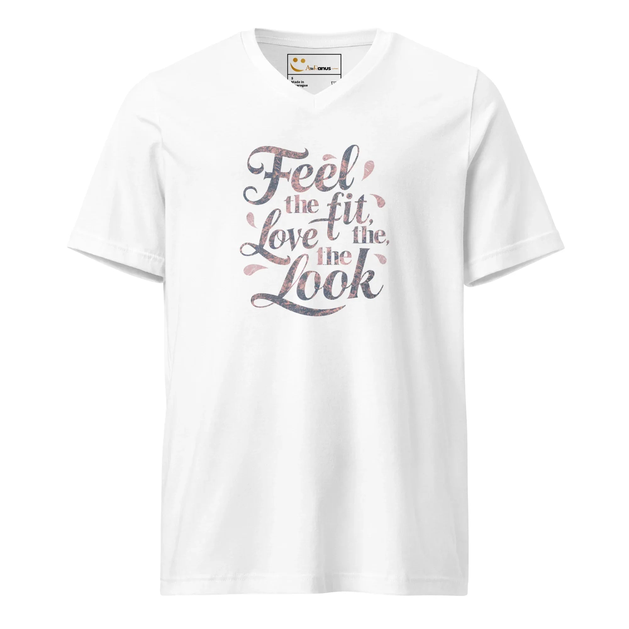 Women's Short Sleeve V-Neck T-Shirt | Feel The Fit Love The Look V-Neck T-Shirt AwRans Clothing unisex-v-neck-tee-white-front-67a1831b606c4