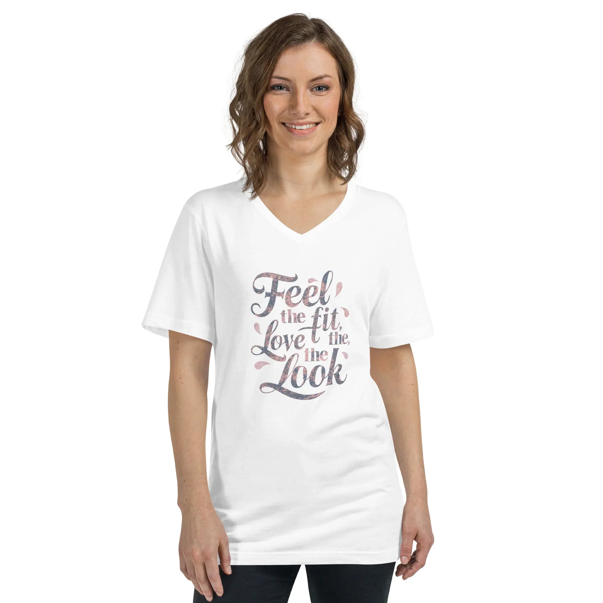 Women's Short Sleeve V-Neck T-Shirt | Feel The Fit Love The Look White V-Neck T-Shirt AwRans Clothing unisex-v-neck-tee-white-front-67a1831b62103