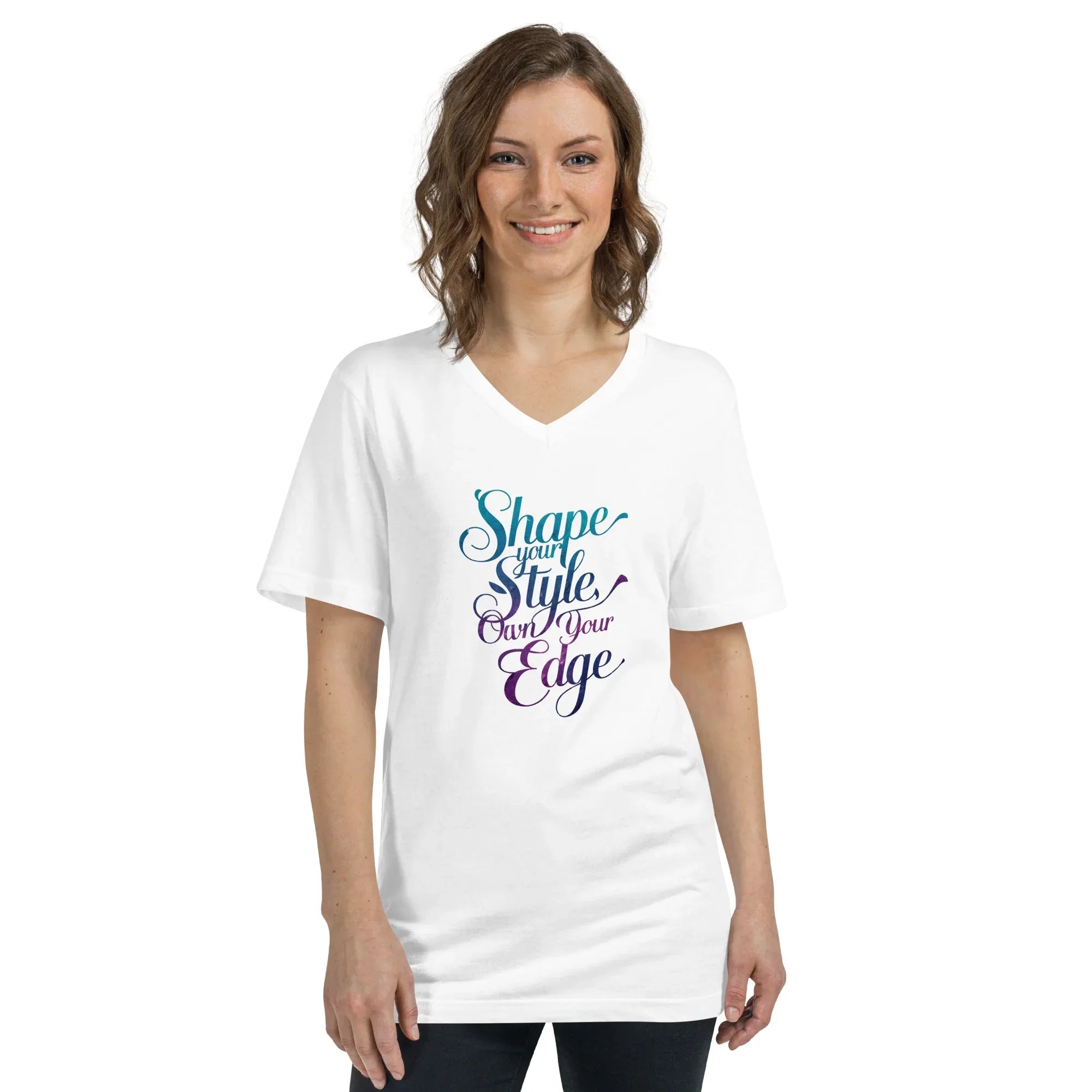 Women's Short Sleeve V-Neck T-Shirt | Shape Your Style,Own Your Edge White V-Neck T-Shirt AwRans Clothing unisex-v-neck-tee-white-front-67a1834079eeb
