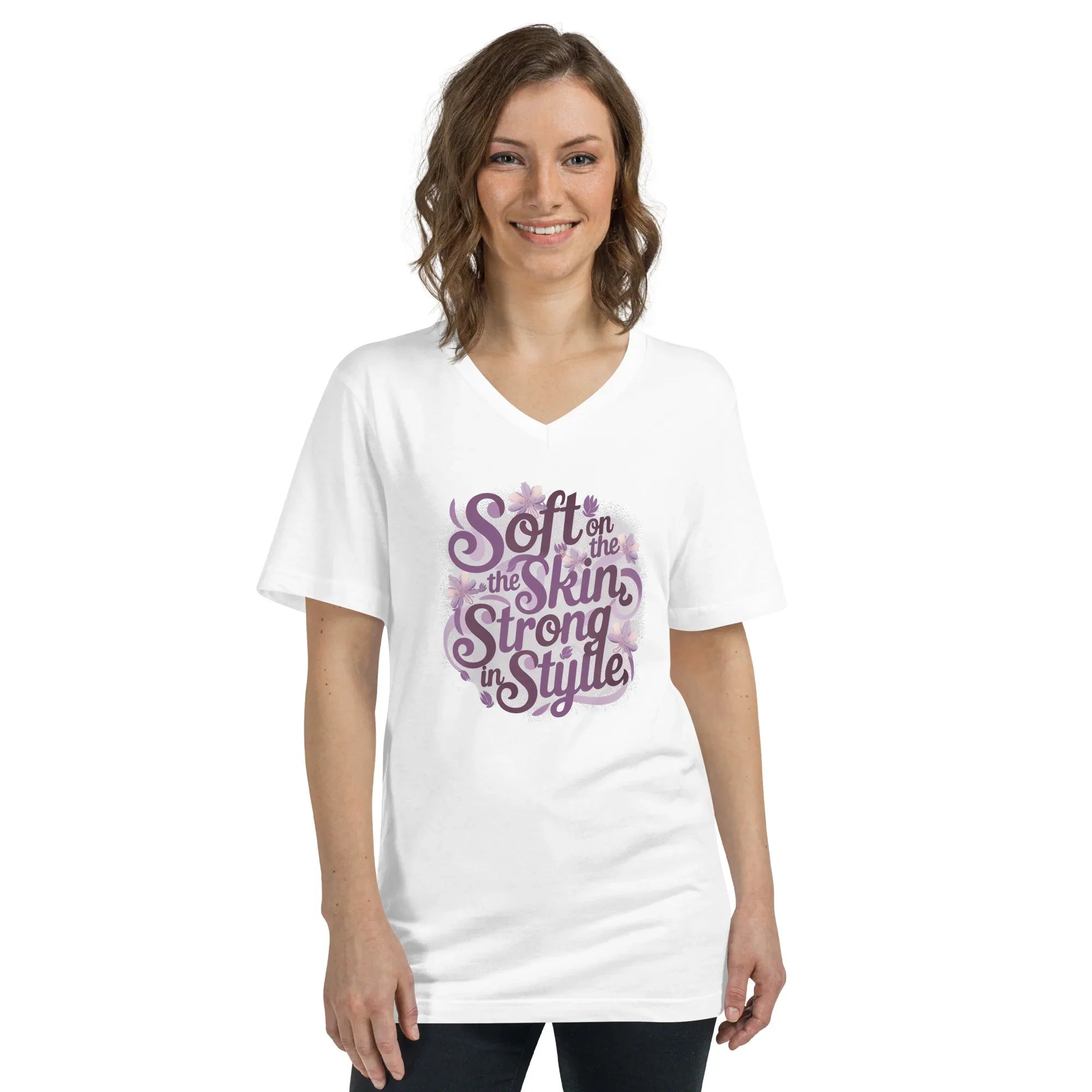 Women's Short Sleeve V-Neck T-Shirt | Soft On The Skin Strong On Style White V-Neck T-Shirt AwRans Clothing unisex-v-neck-tee-white-front-67a2226521a90