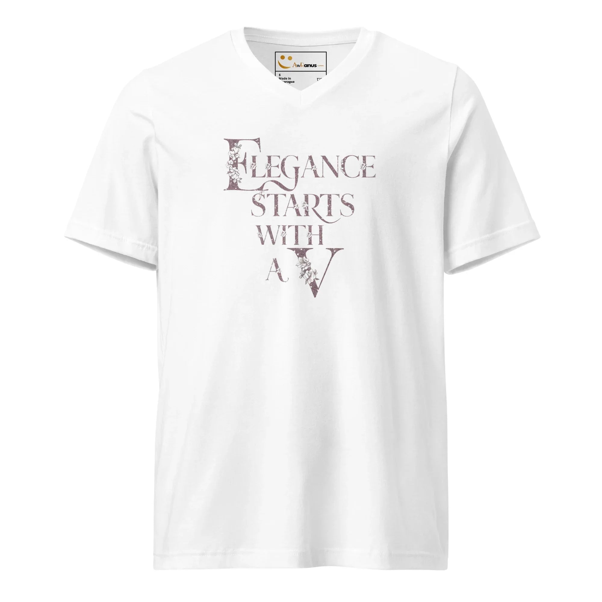 Women's Short Sleeve V-Neck T-Shirt | Elegance Start With A V V-Neck T-Shirt AwRans Clothing unisex-v-neck-tee-white-front-67a222dc635a2